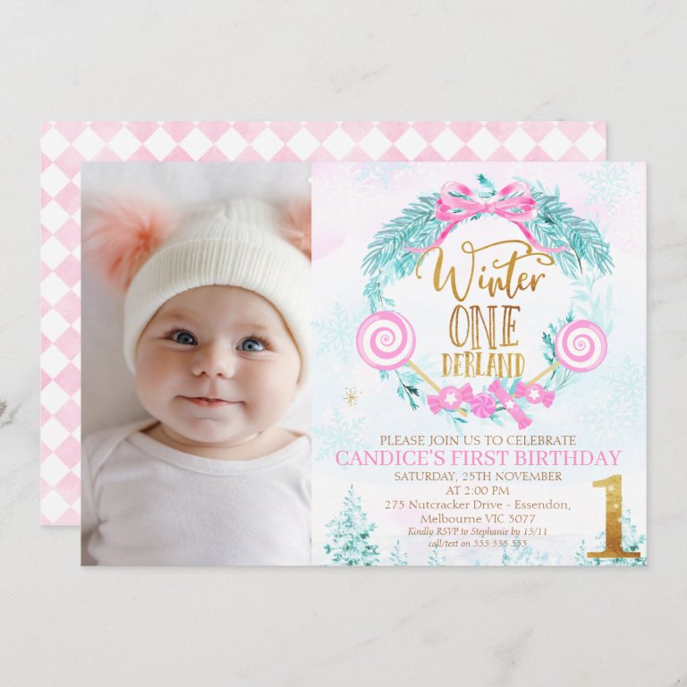 Gold Calligraphy Winter Onederland Photo Birthday Invitation