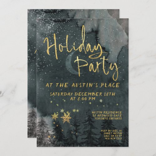 Gold Calligraphy Winter Woodland Holiday Party Invitation