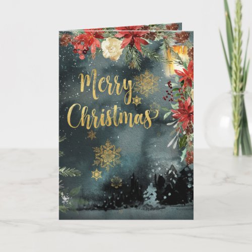 Gold Calligraphy Woodland Floral Holiday Card