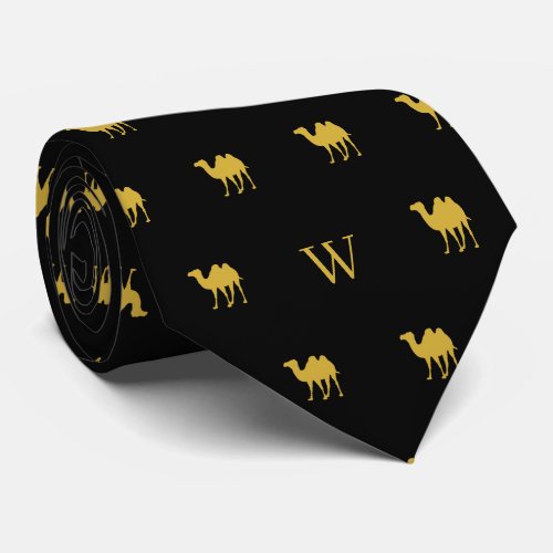 Gold Camel Humpday Monogram Initials Black Neck Tie