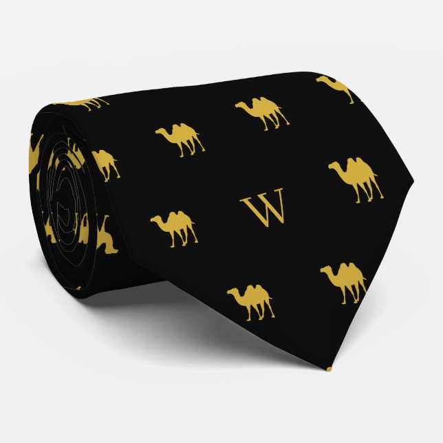 Gold Camel Humpday Monogram Initials Black Neck Tie (Rolled)
