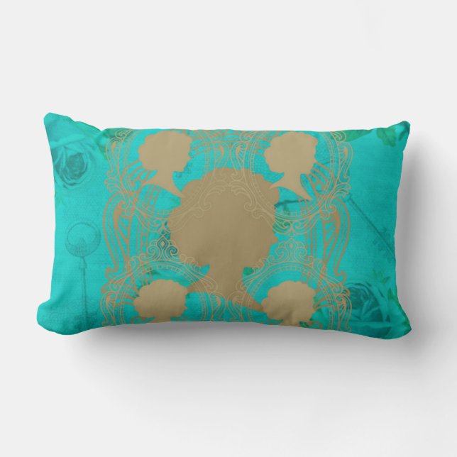 Gold CameoLadies Turquoise Roses&Keys LumbarPillow Lumbar Pillow (Front)