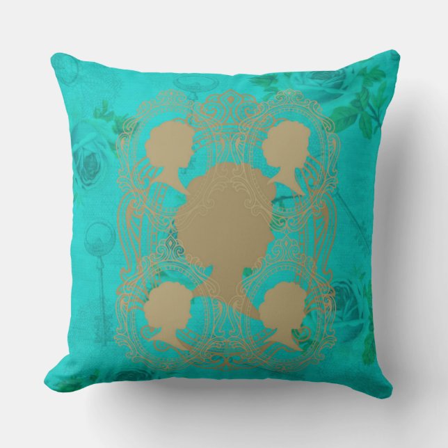 Gold CameoLadies Turquoise Roses&Keys SquarePillow Throw Pillow (Front)