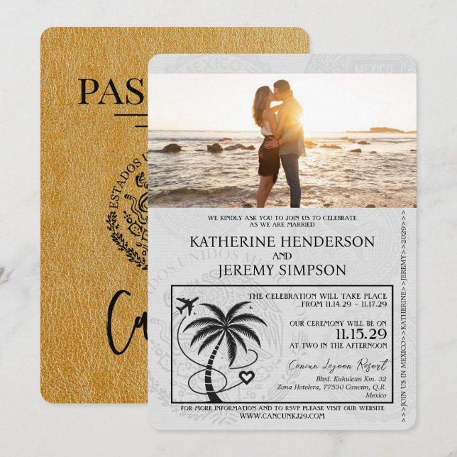 Gold Cancun Passport Wedding Invitation (Front/Back)