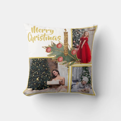Gold Candle Christmas Decor Family Photo Collage Throw Pillow