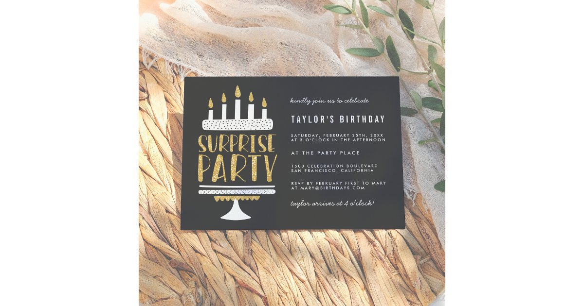 Gold Candles & Cake Surprise Birthday Party Invitation | Zazzle