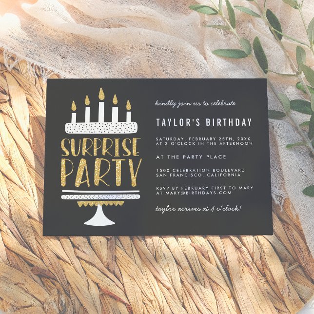 Gold Candles & Cake Surprise Birthday Party Invitation (Creator Uploaded)
