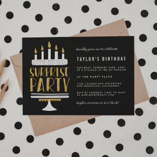 Gold Candles & Cake Surprise Birthday Party Invitation