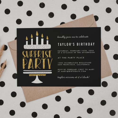 Gold Candles  Cake Surprise Birthday Party Invitation