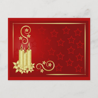 gold candles, flowers and swirls on red background postcard