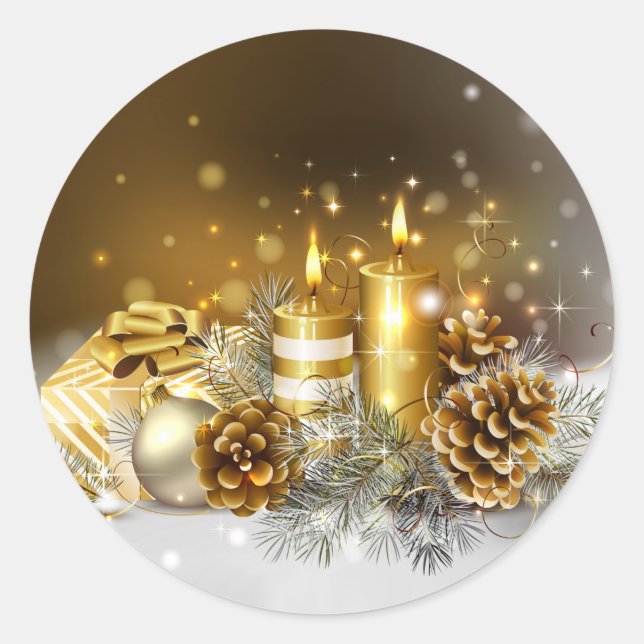 Gold Candles Merry Christmas Holiday Classic Round Sticker (Front)