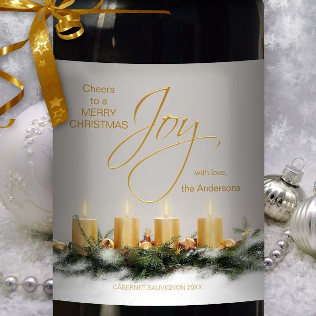 Gold Candles Personalized Christmas Wine Label (A festive Christmas wine label featuring golden candles on a simple chic grey background)