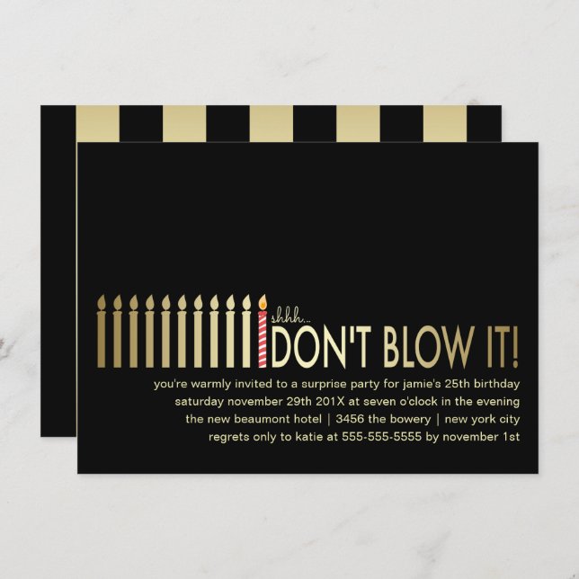 Gold Candles Surprise Birthday Party Invitation (Front/Back)