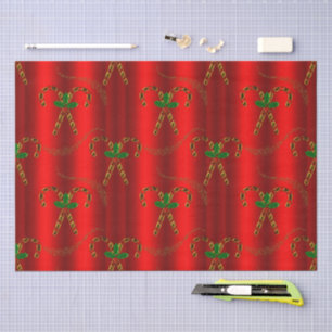 Gold Candy Canes and Holly on Red Christmas Tissue Paper