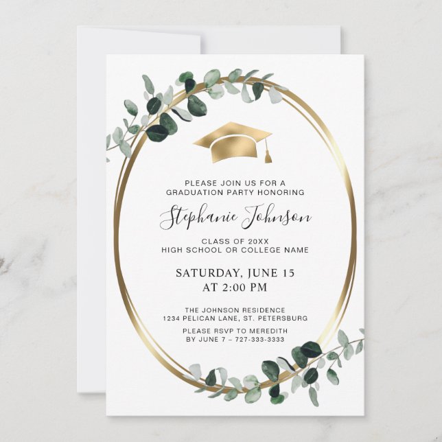 Gold Cap and Tassel Eucalyptus Graduation Party Invitation (Front)