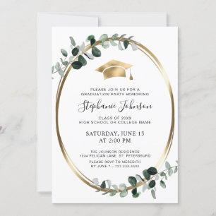 Gold Cap and Tassel Eucalyptus Graduation Party Invitation