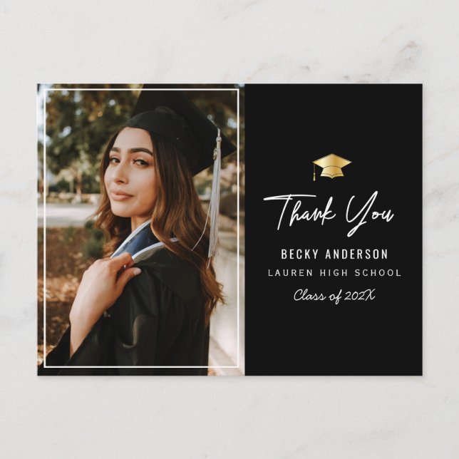 gold cap black thank you graduation postcard (Front)