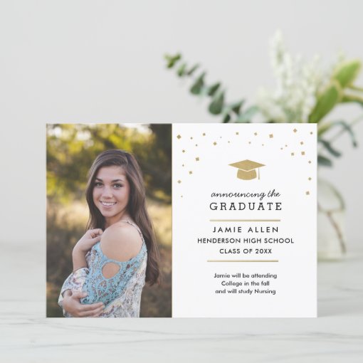 Gold Cap & Confetti, Photo Graduation Announcement 