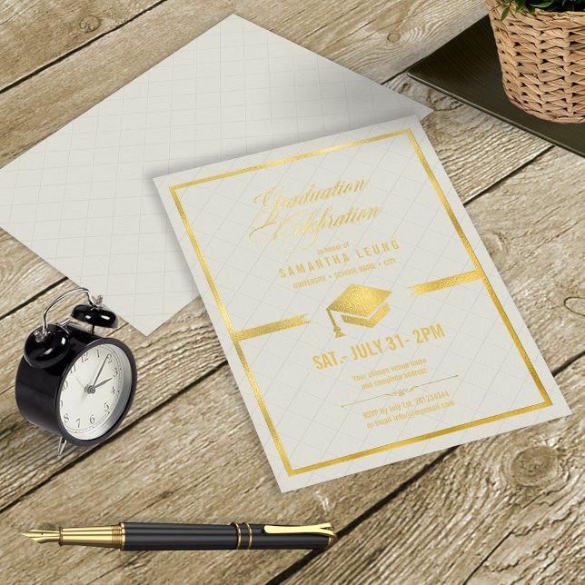 Gold Cap Graduation Cream ID834 Foil Invitation (Creator Uploaded)