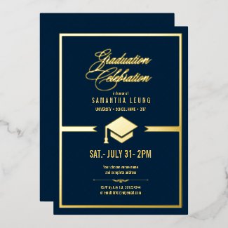 Gold Cap Graduation Navy Blue ID834 Foil Invitation
