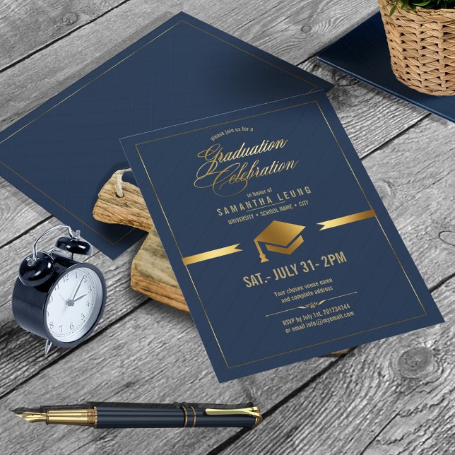 Gold Cap Graduation Navy Blue ID834 Invitation (Creator Uploaded)