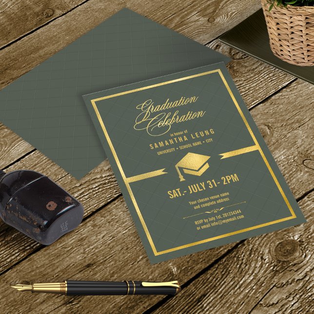 Gold Cap Graduation Sage Green ID834 Foil Invitation (Creator Uploaded)