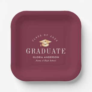 gold cap Maroon Graduation Paper Plates