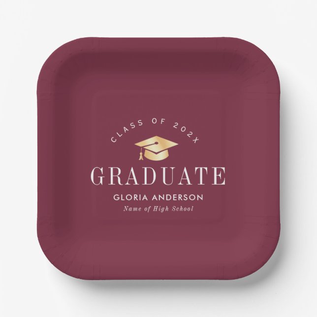 gold cap Maroon Graduation Paper Plates (Front)