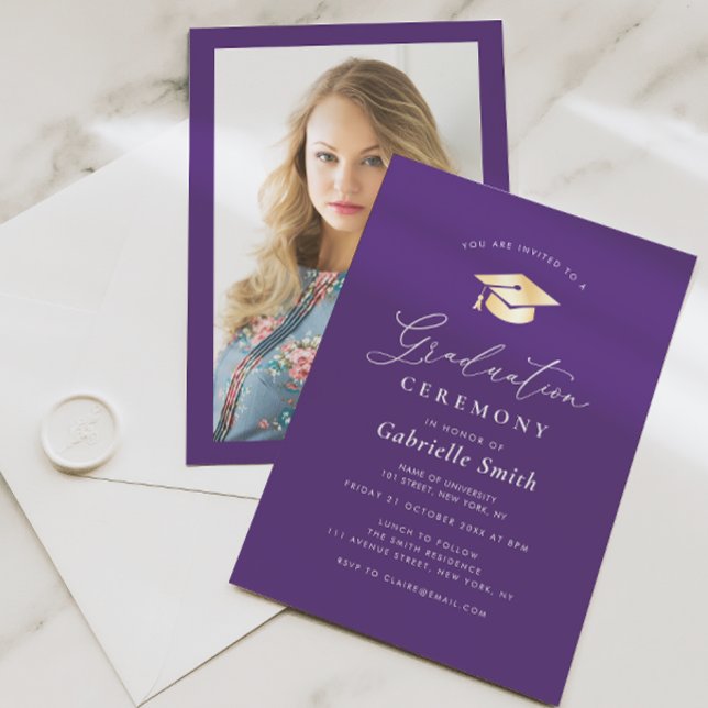 Gold cap purple graduation ceremony invitation (Creator Uploaded)