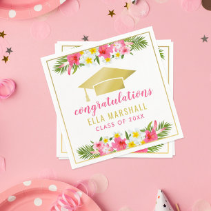 Gold Cap Tropical Floral Graduation Party Napkins