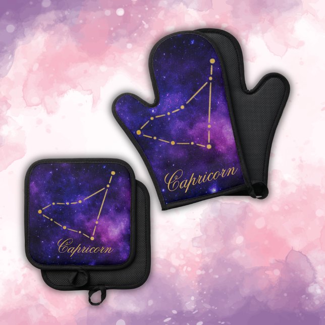 Gold Capricorn Constellation on Dark Galaxy| Oven Mitt & Pot Holder Set (Creator Uploaded)