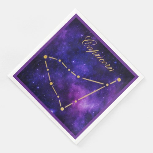 Gold Capricorn Constellation on Dark Galaxy Paper Dinner Napkins