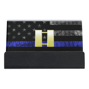 (Gold) Captain Thin Blue Line Distressed Flag Desk Business Card Holder