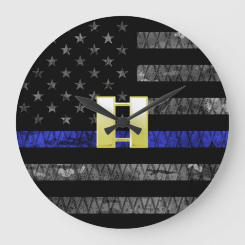 Gold Captain Thin Blue Line Distressed Flag Large Clock