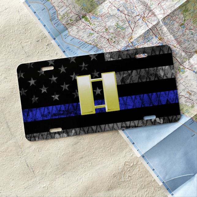 (Gold) Captain Thin Blue Line Distressed Flag License Plate (In Situ)