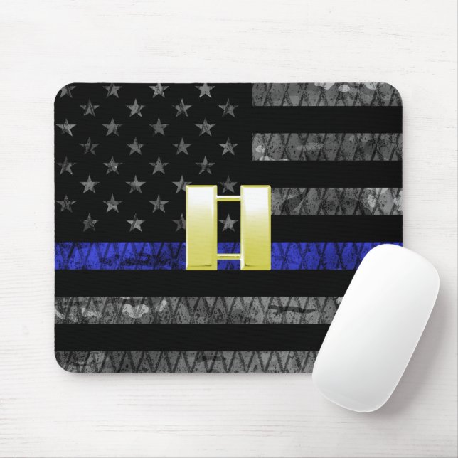 (Gold) Captain Thin Blue Line Distressed Flag Mouse Pad (With Mouse)