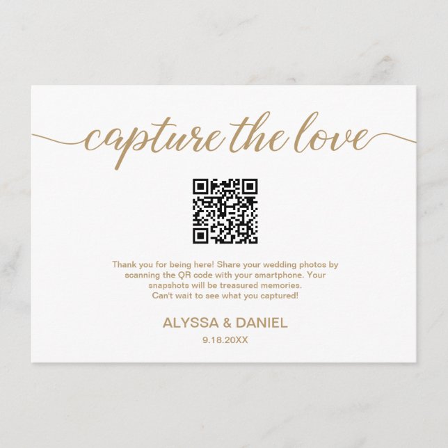 Gold Capture the love QR code wedding photo share Enclosure Card (Front)