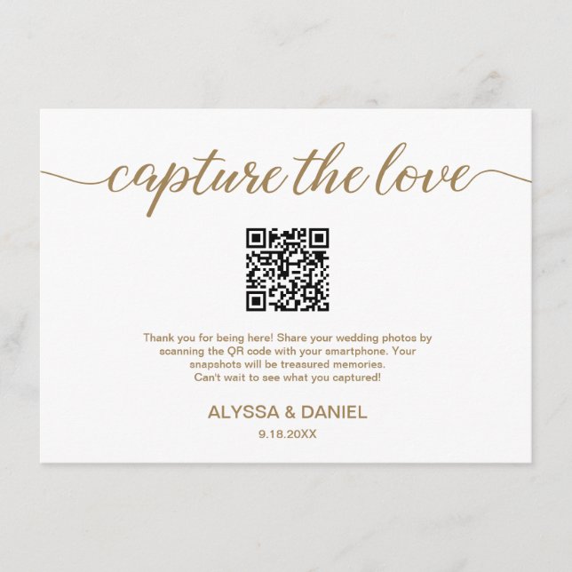 Gold Capture the love QR code wedding photo share  Enclosure Card (Front)