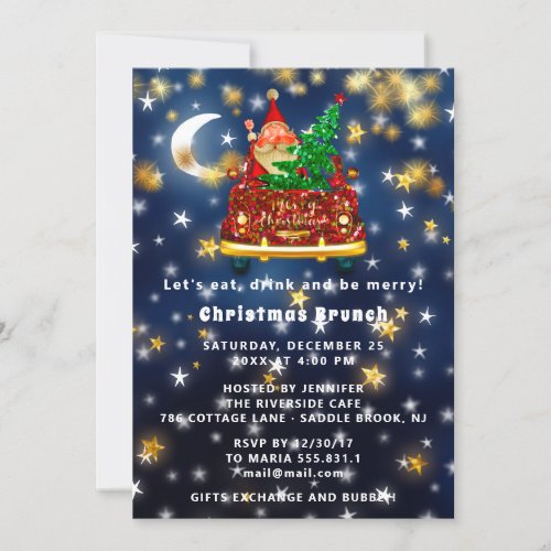 Gold Car Merry Christmas Brunch Dinner Santa Navy Invitation