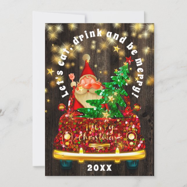 Gold Car Merry Christmas Brunch Dinner Santa Wood Invitation (Back)