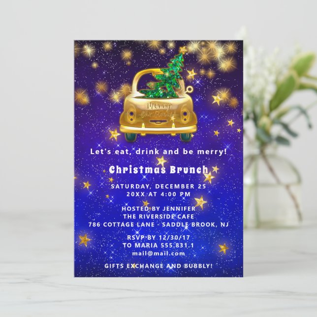 Gold Car Merry Christmas Brunch Dinner Star Navy Invitation (Standing Front)