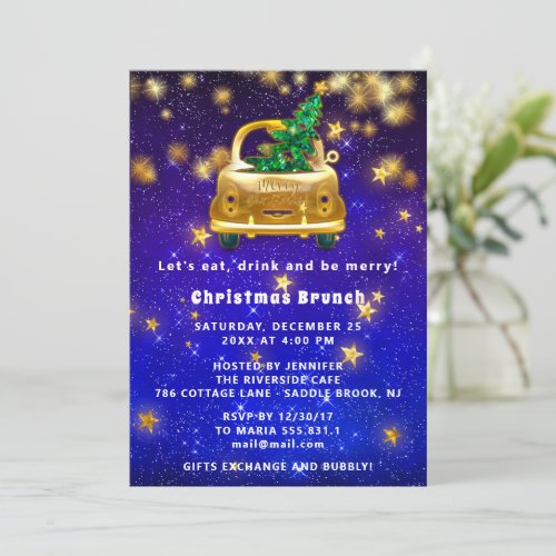 Gold Car Merry Christmas Brunch Dinner Star Navy Invitation