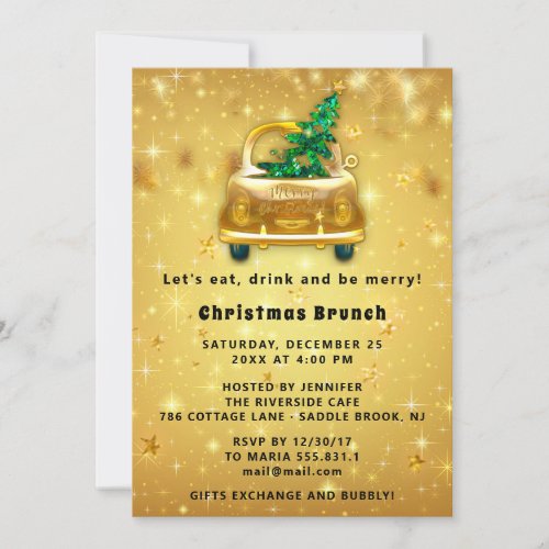 Gold Car Merry Christmas Brunch Dinner Stars Lux Invitation