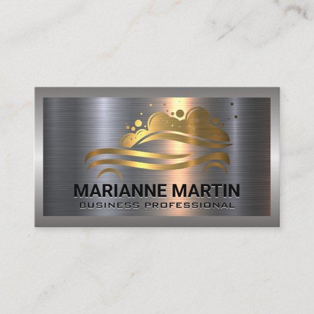 Gold Car Wash Logo | Metal Aluminum Brushed Business Card (Front)