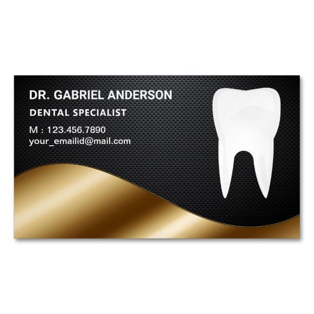 Gold Carbon Fiber Tooth Dental Clinic Dentist Business Card Magnet (Front)
