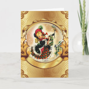 Gold Card Frame, Vintage Girl dressed for Xmas