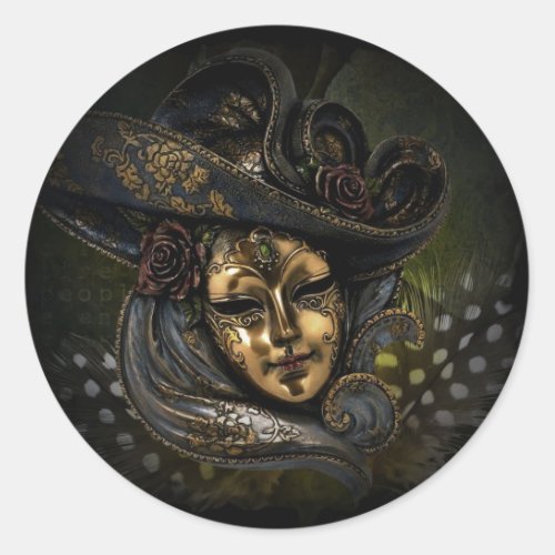 Gold carnival mask with blue hat and feathers classic round sticker