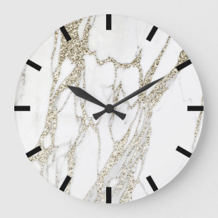 Gold Carrara Marble Gray Black Stone White Large Clock