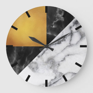 Gold Carrara Marble Gray Geometry Black Stone Meta Large Clock