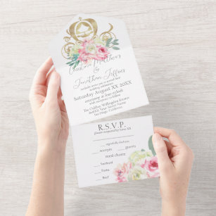 Gold Carriage and Pink Flowers Fairy Tale Wedding All In One Invitation
